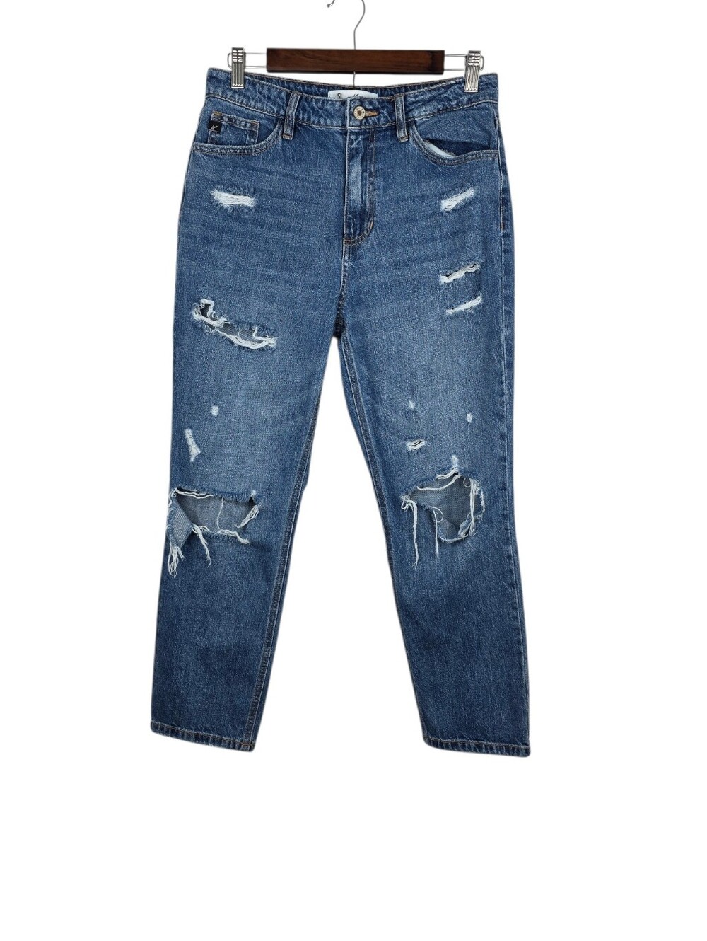 KanCan Junior's Size 7/27 Ultra High‎ Rise Straight Leg Distressed Ripped Knees